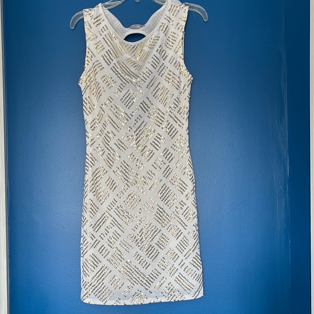 Elegant White and Gold Sequin Dress